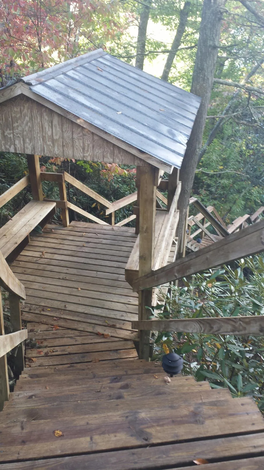 Metal roofed shelter over wooden steps on a wooded walkway — Skylight Repair & Installation work by our crew in Summerton